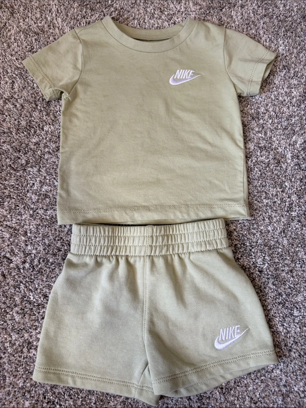 Nike Olive Kids Tee and Shorts Set with White Swoosh